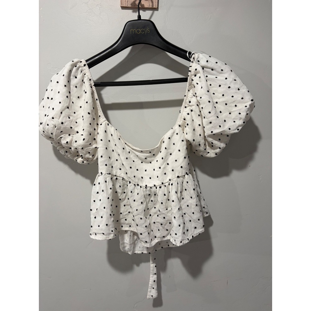 Francescas White Black Polka Dot Puff Sleeve Tie Back Peplum Blouse Small